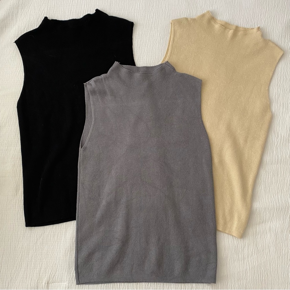 Vintage knit mock neck sleeveless blouses in black / gray / cream